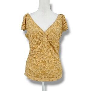 VTG Y2K Von Mozart Lace Top L Gold Sheer Back Bow Slv Coquette Fairy Balletcore